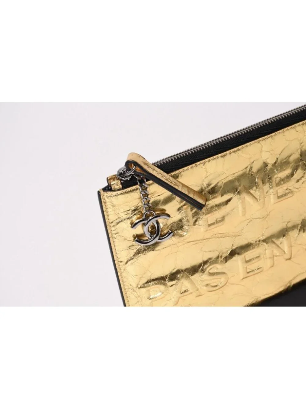 Chanel Votez Coco Clutch CC Logo Crinkle Leather Metallic Gold